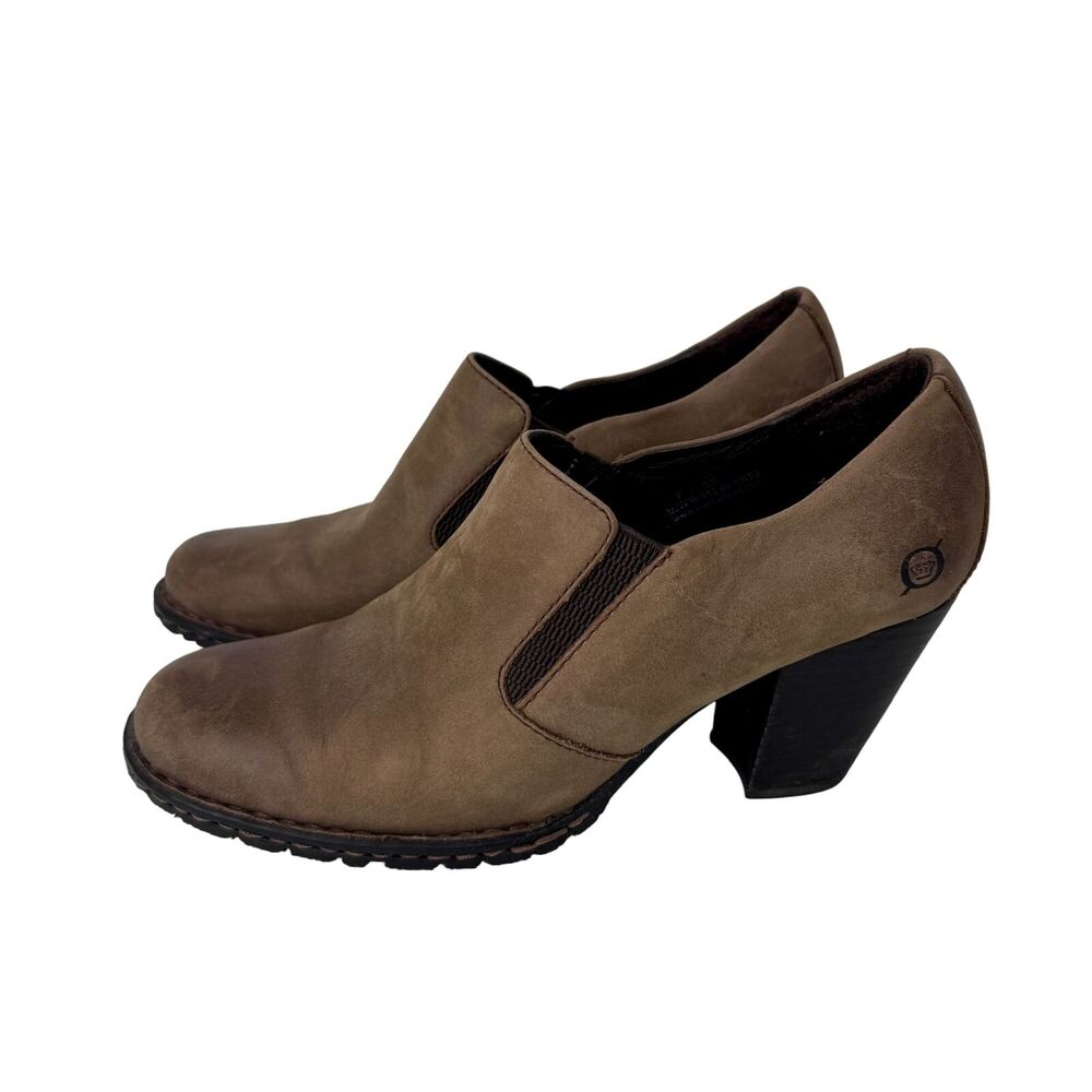 Born W81296 Gertrude Brown Leather Heel Ankle Bootie Shoes Women's EU 38 US 7